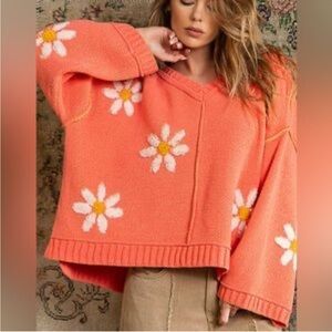 POL flower sun sweater in Coral Oversized Large